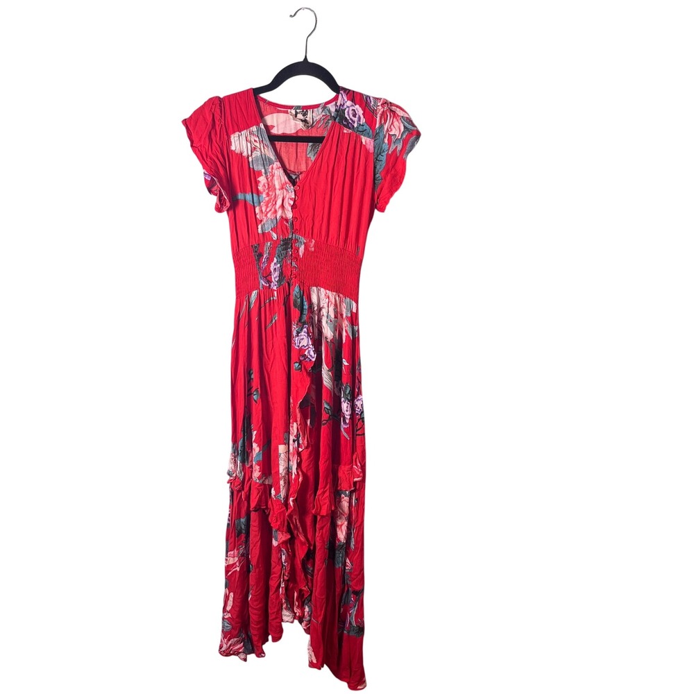 JAASE Red Floral‎ Maxi Dress Smocked Waist Ruffle High Low Hem Boho V-Neck XS
